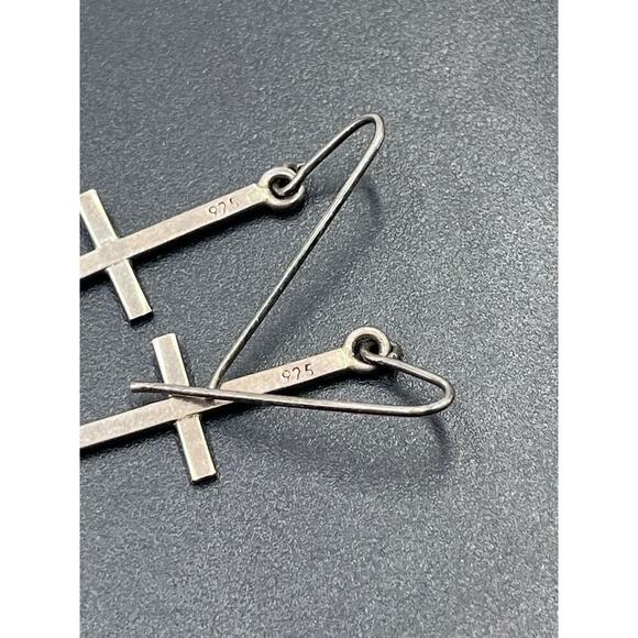 Sterling Silver 925 Thin Long Cross Dangle Earrings - Picture 4 of 8